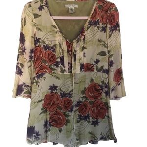 Nine West 100% Silk Sage Blouse w/purple,pink,green & red Floral design Size 2